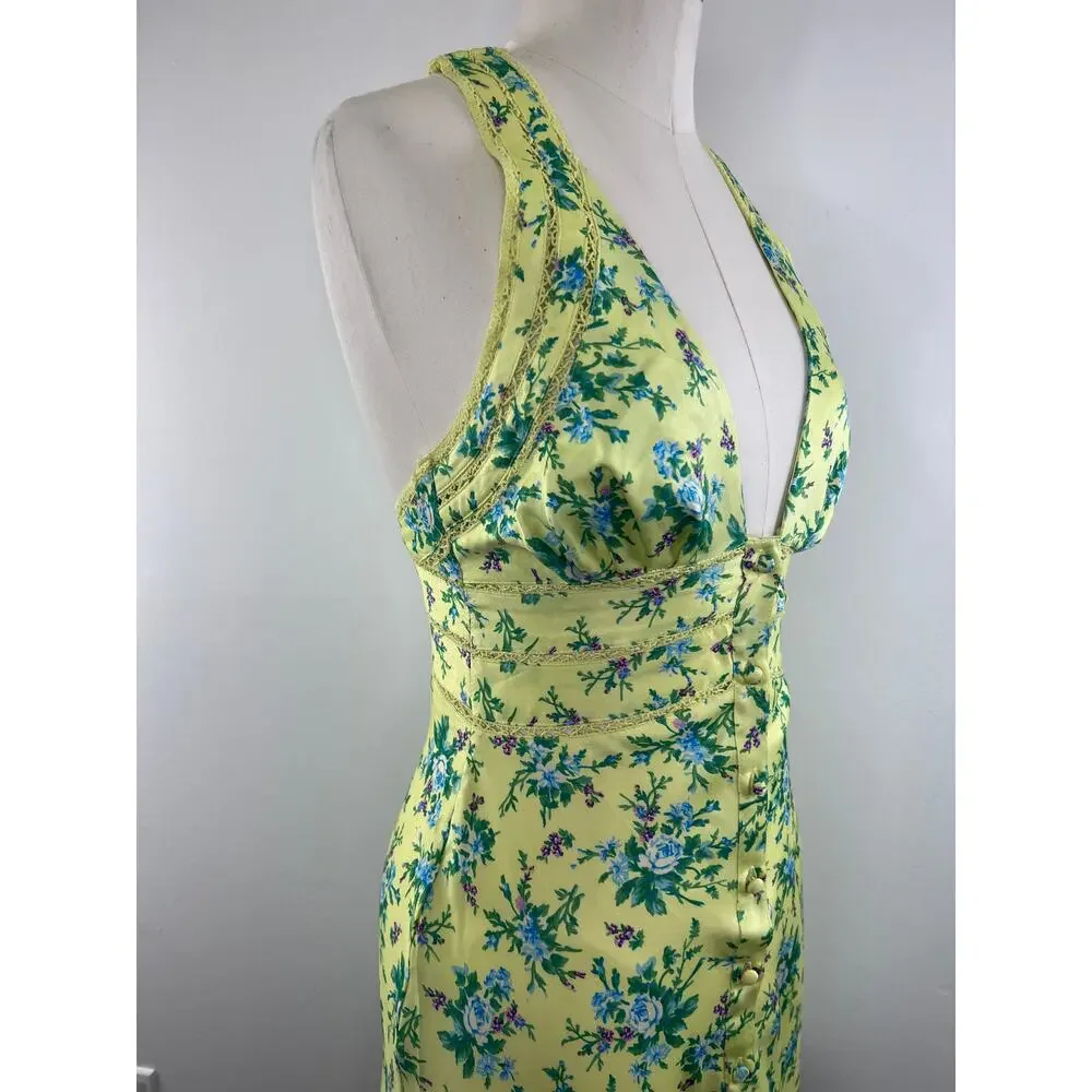 ASOS Design NEW Satin Mini Dress Lace Trim Button Front Yellow Ditsy Floral Sz 2